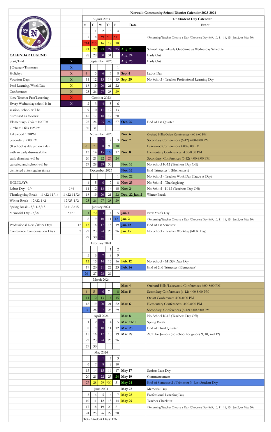 Official District Calendar - Norwalk Public Schools