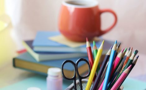 School stationery, books on the table, home schooling concept